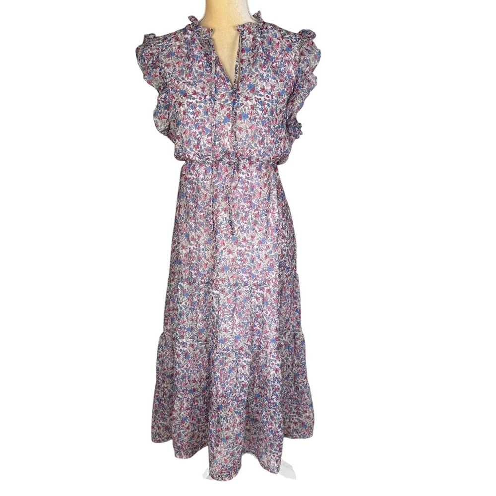 NWT BB‎ Dakota Pink Blue Floral Ruffle Tiered Elastic Waist Midi Dress Small